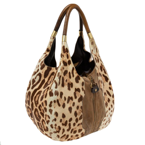 JIMMY CHOO Beige/Brown Leopard Print Calf Hair and Suede Mandah Expandable Hobo - Picture 3 of 9